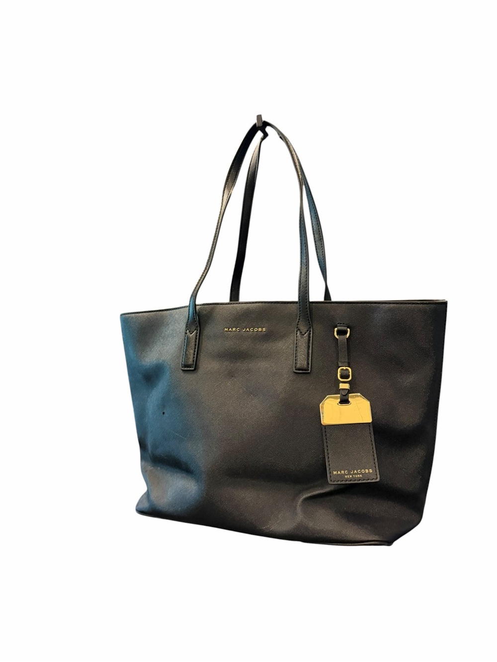 MARC JACOBS Luggage Tag black Faux Leather Tote Bag Purse Handbag Distressed